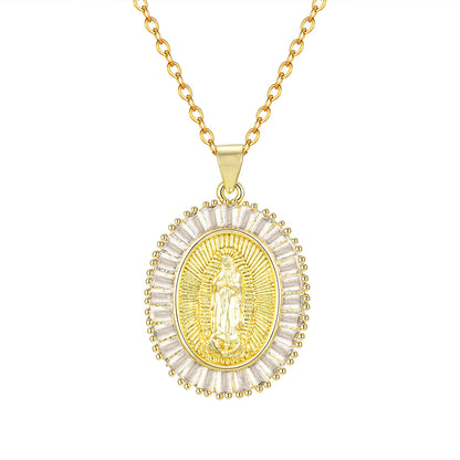 Collier pendentif ovale Vierge Marie en zircon – bijou catholique pour femme