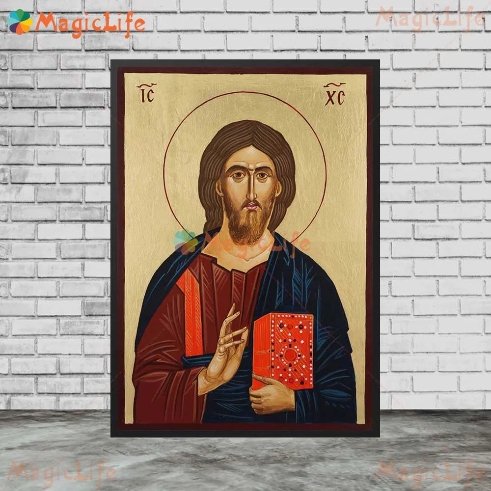 Icône religieuse du Christ Pantocrator – Tableau orthodoxe sur toile sans cadre pour église et décoration murale