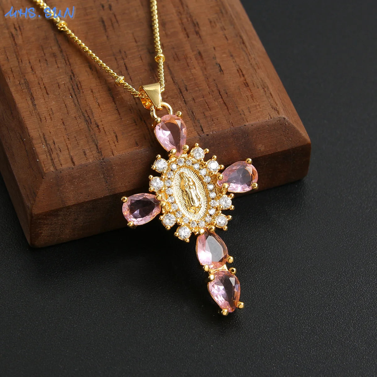 Virgin of Guadalupe Cross Necklace with Zircon – Unisex Catholic Jewelry