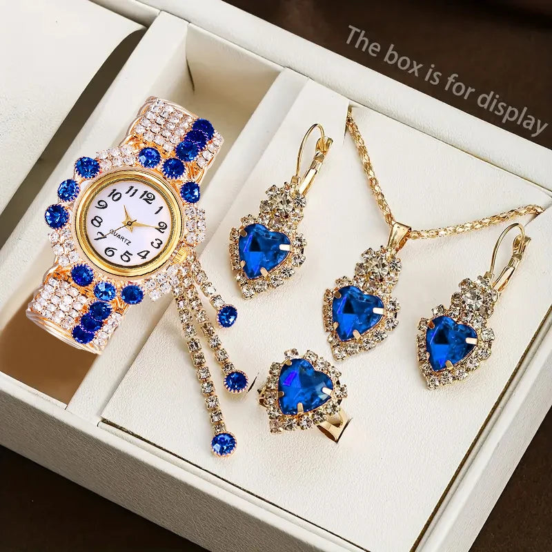 Coffret Montre Femme Strass 5 Pièces – Montre Quartz & Bijoux