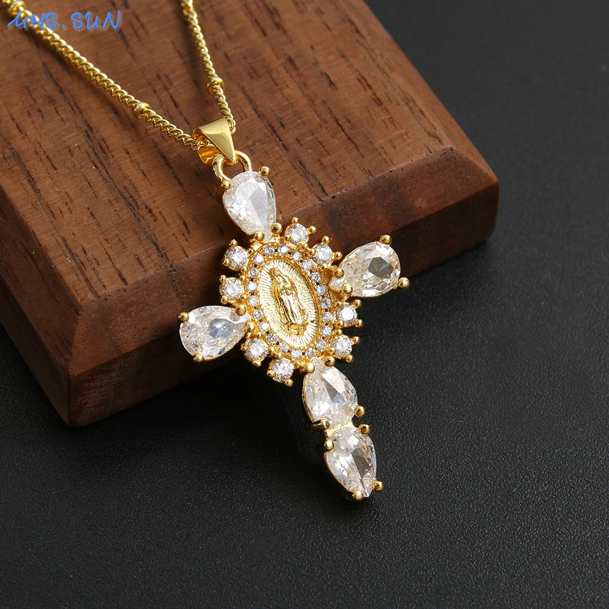 Virgin of Guadalupe Cross Necklace with Zircon – Unisex Catholic Jewelry