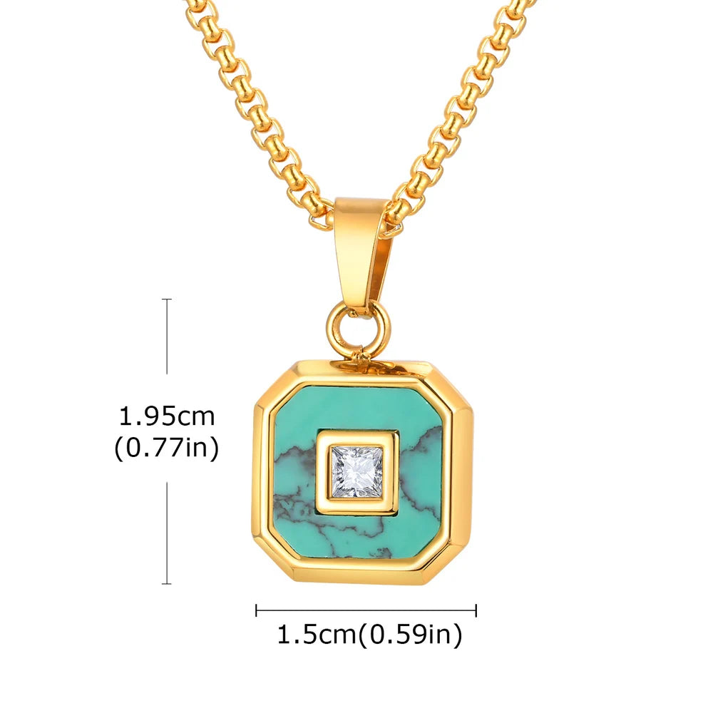 Collier Pendentif Pierre Turquoise & Boussole – Acier Inoxydable Homme