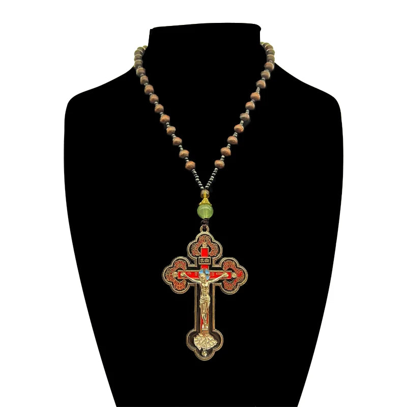 Collier crucifix orthodoxe en bois avec chapelet – bijou religieux