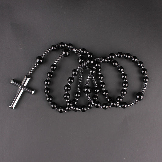 Collier chapelet œil-de-tigre et hématite avec croix – bijou religieux unisexe