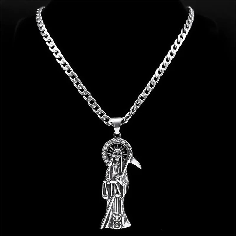 Collier Santa Muerte homme en acier inoxydable – pendentif faucheuse argenté