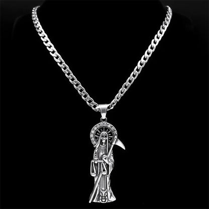 Collier Santa Muerte homme en acier inoxydable – pendentif faucheuse argenté