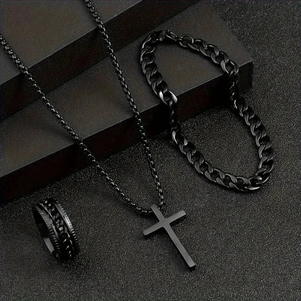 Ensemble Bijoux Croix Noir 3 Pièces – Collier, Bracelet & Bague