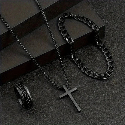 Ensemble Bijoux Croix Noir 3 Pièces – Collier, Bracelet & Bague
