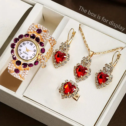 Coffret Montre Femme Strass 5 Pièces – Montre Quartz & Bijoux