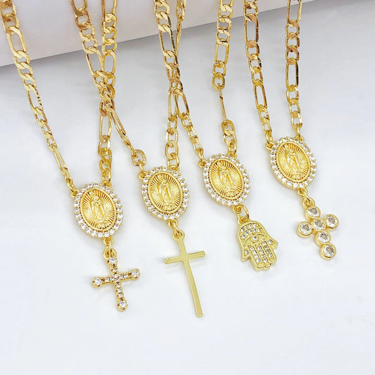 Collier Vierge Marie et croix plaqué or – bijou religieux unisexe