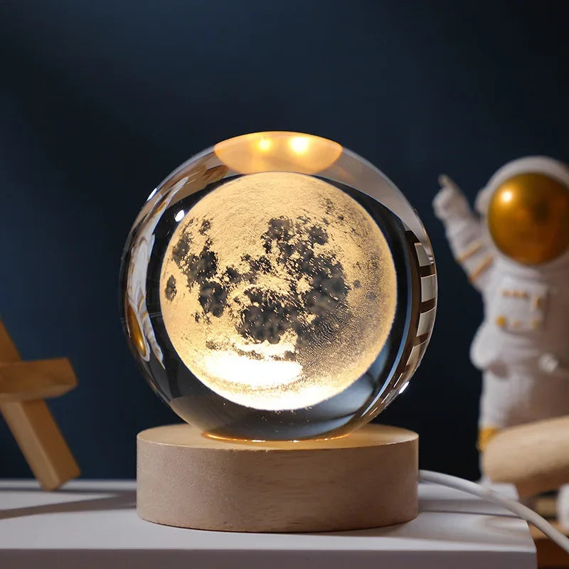 Lampe Boule de Cristal LED Galaxie 3D – Lune & Planètes – Veilleuse USB Décorative