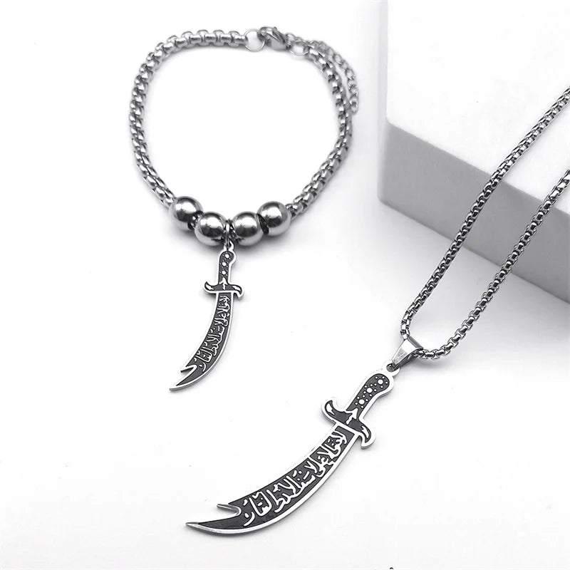 Bijoux islamiques sabre Zulfiqar en acier inoxydable – Collier, bracelet et boucles d’oreilles