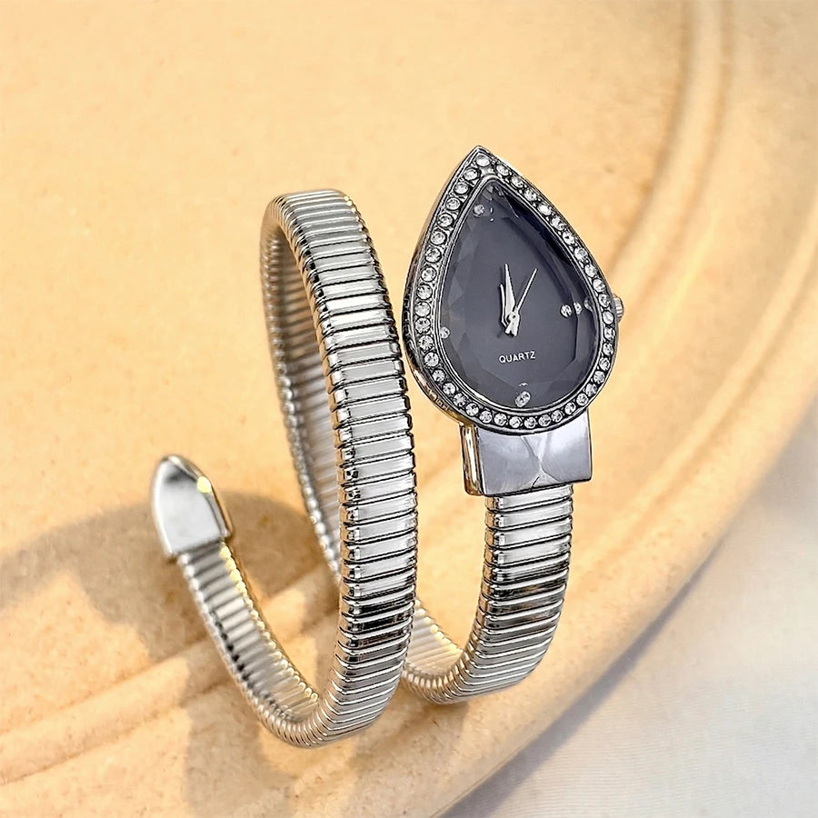 Women's Quartz Water-Drop Watch – Gold or Silver Snake Bracelet