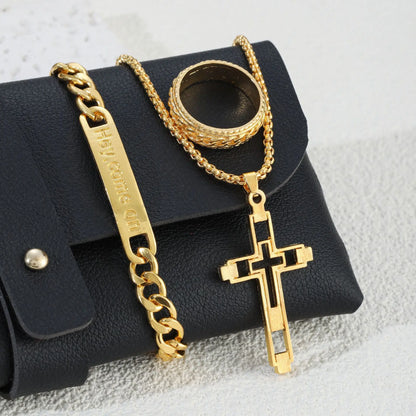 Parure Croix 3 Pièces en Acier Inoxydable – Collier, Bracelet & Bague