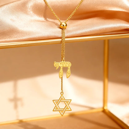 Long Star of David and Chai Pendant Necklace – Stainless Steel Jewish Jewelry