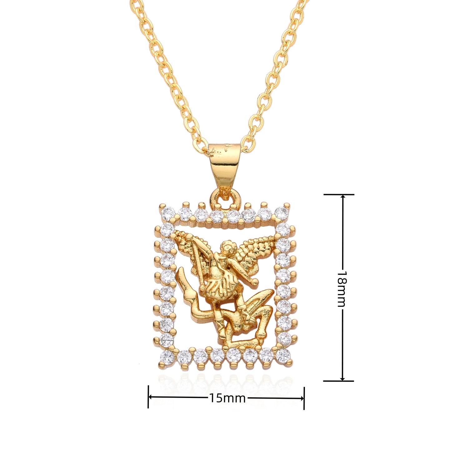 Pendentif Archange Saint Michel Doré – Médaille Religieuse Catholique avec Bord Coquillage et Zircons
