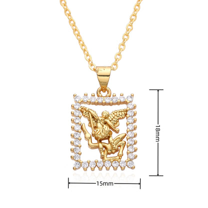 Pendentif Archange Saint Michel Doré – Médaille Religieuse Catholique avec Bord Coquillage et Zircons
