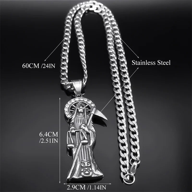 Collier Santa Muerte homme en acier inoxydable – pendentif faucheuse argenté