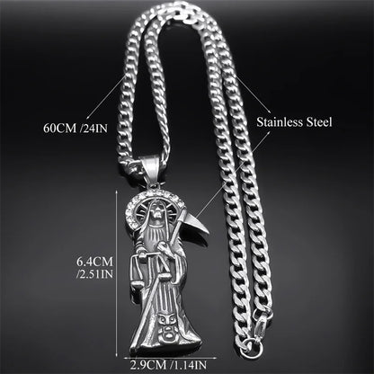 Collier Santa Muerte homme en acier inoxydable – pendentif faucheuse argenté