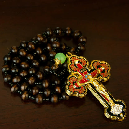 Collier crucifix orthodoxe en bois avec chapelet – bijou religieux