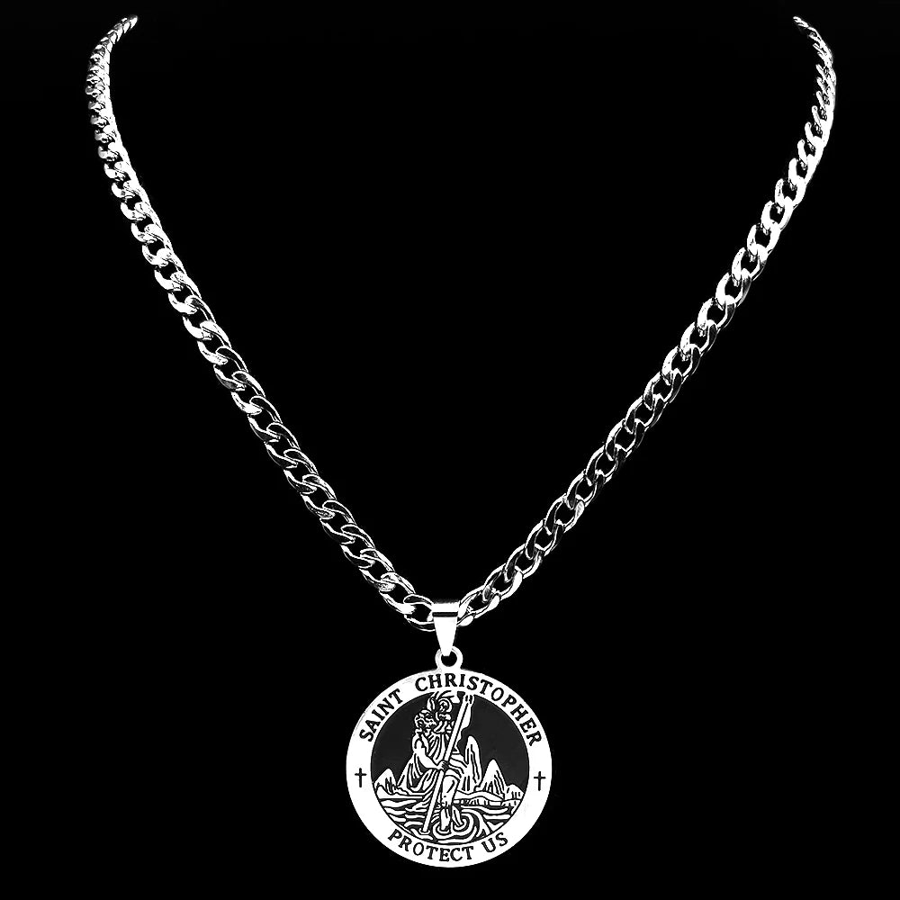 Collier médaille Saint Christophe Protect Us – bijou religieux en acier inoxydable