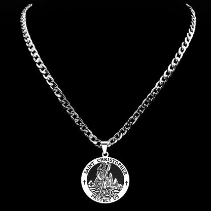 Collier médaille Saint Christophe Protect Us – bijou religieux en acier inoxydable