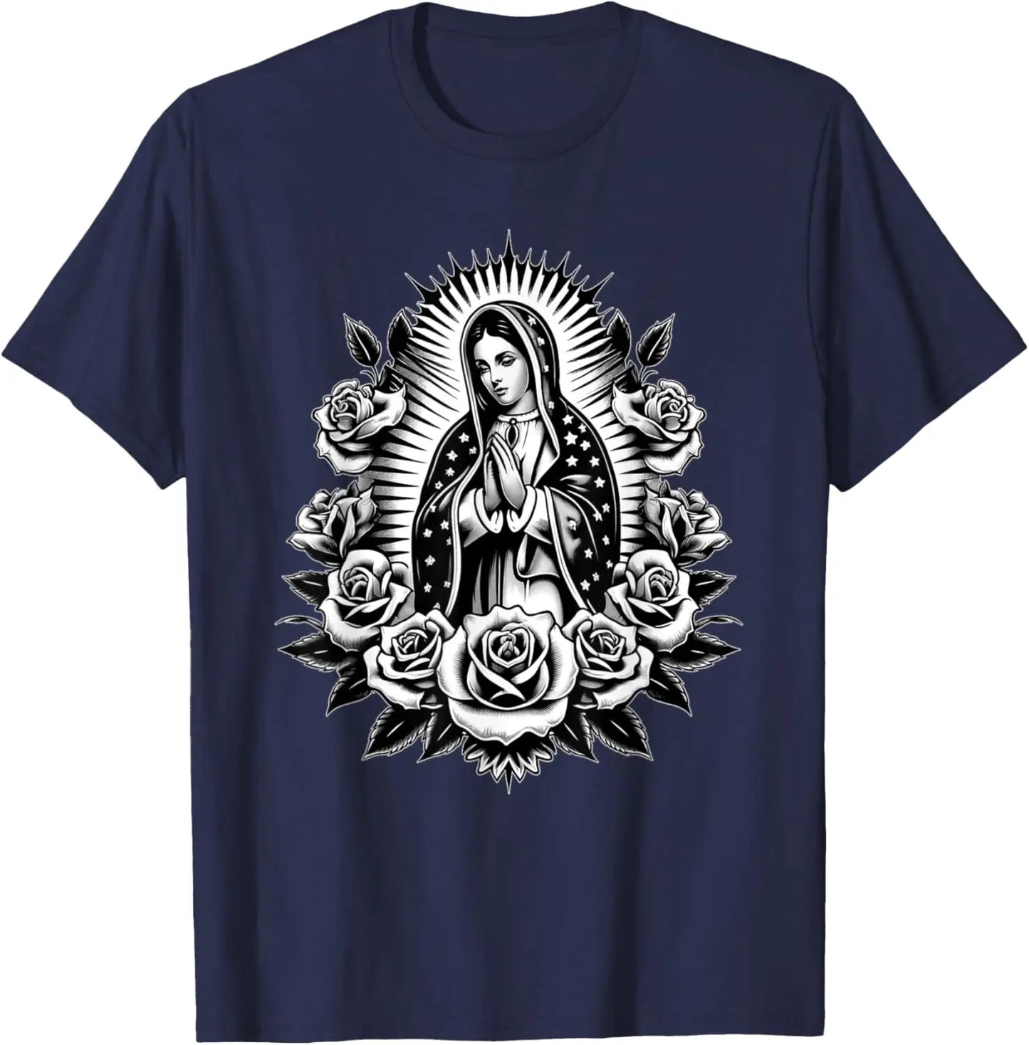 T-shirt Vierge de Guadalupe et roses – imprimé catholique floral pour homme