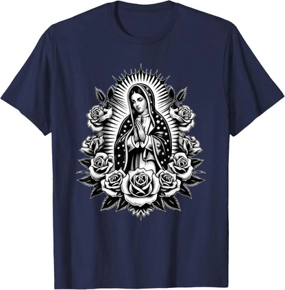 T-shirt Vierge de Guadalupe et roses – imprimé catholique floral pour homme