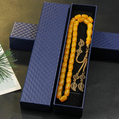 Bracelet de Prière en Agate Jaune avec Pendentif Feuille Ajourée