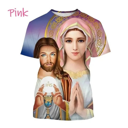 T-Shirt Vierge Marie & Jésus – Impression 3D, Unisexe, Oversize