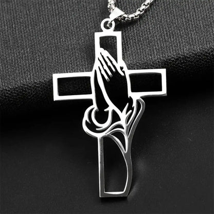 Collier croix main de prière en acier inoxydable – bijou chrétien unisexe
