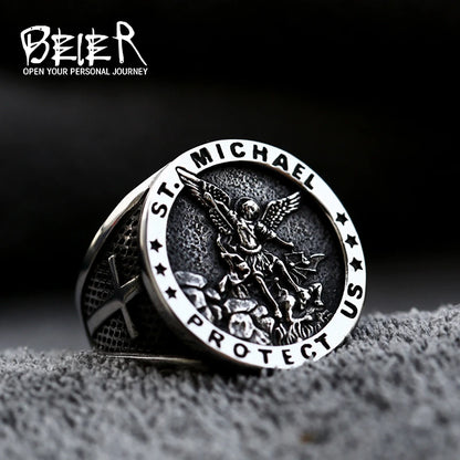 Bague Saint Christophe et Saint Michel en acier inoxydable – bijou religieux pour homme