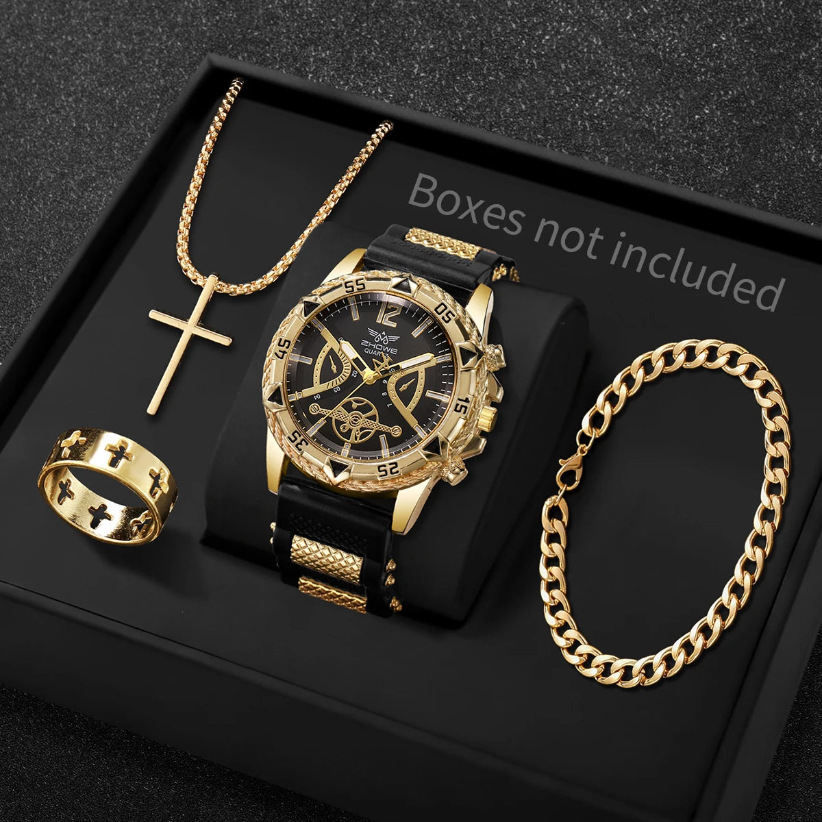 Coffret Montre Homme Cadran Arabe 4 Pièces – Montre Quartz & Bijoux