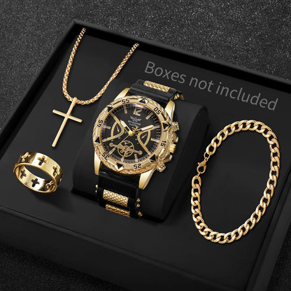 Coffret Montre Homme Cadran Arabe 4 Pièces – Montre Quartz & Bijoux