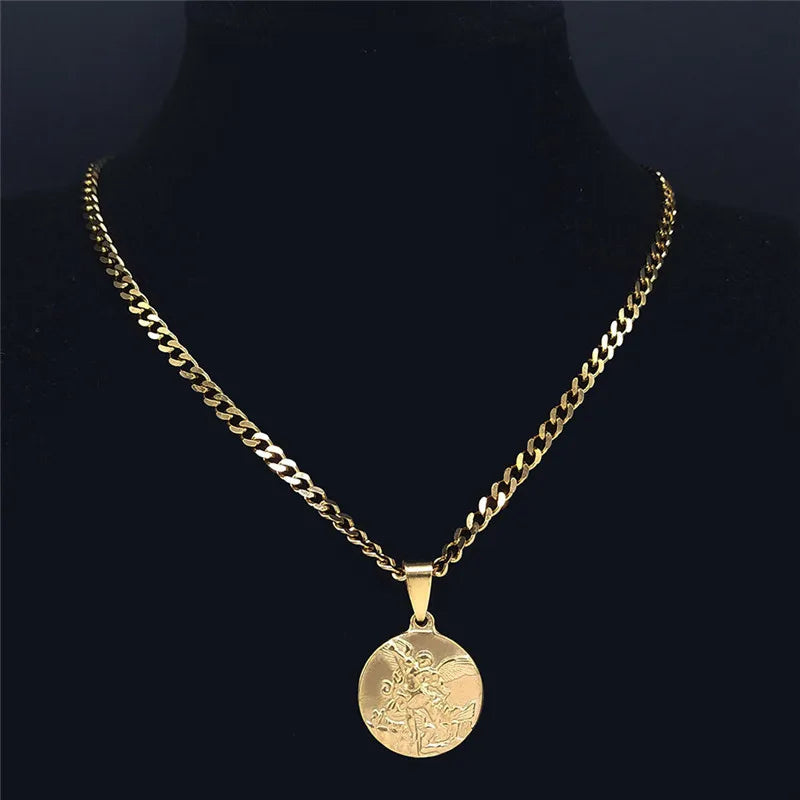 Collier Archange Saint Michel Doré – Pendentif Spirituel de Protection en Acier Inoxydable pour Homme et Femme