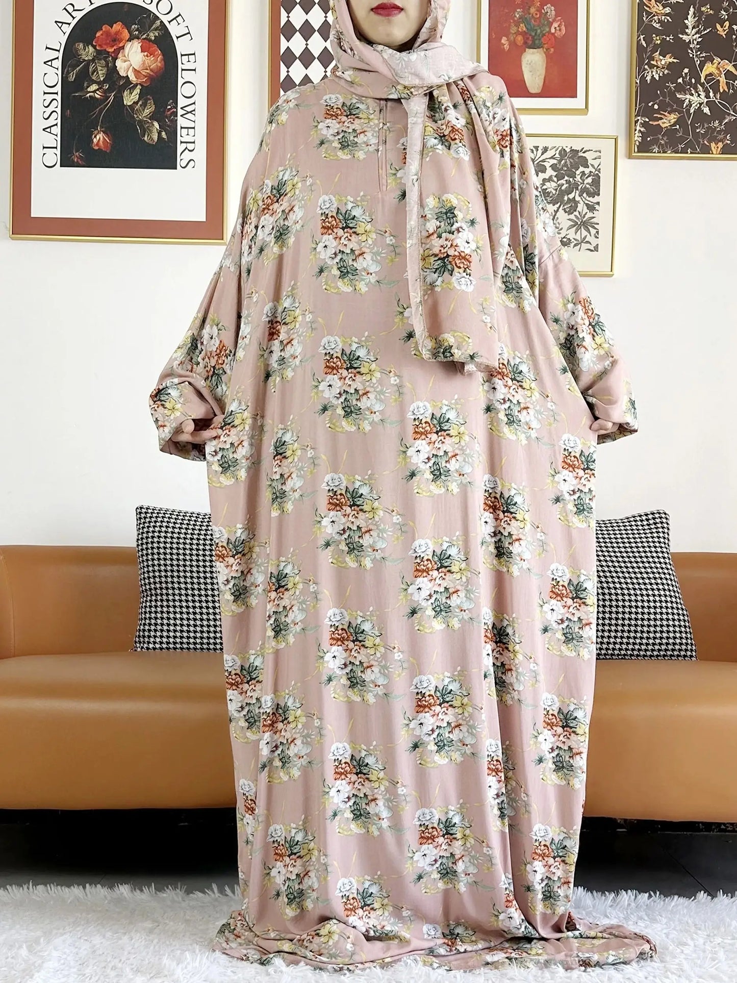Abaya longue 6XL en coton avec hijab intégré – Robe de prière Ramadan