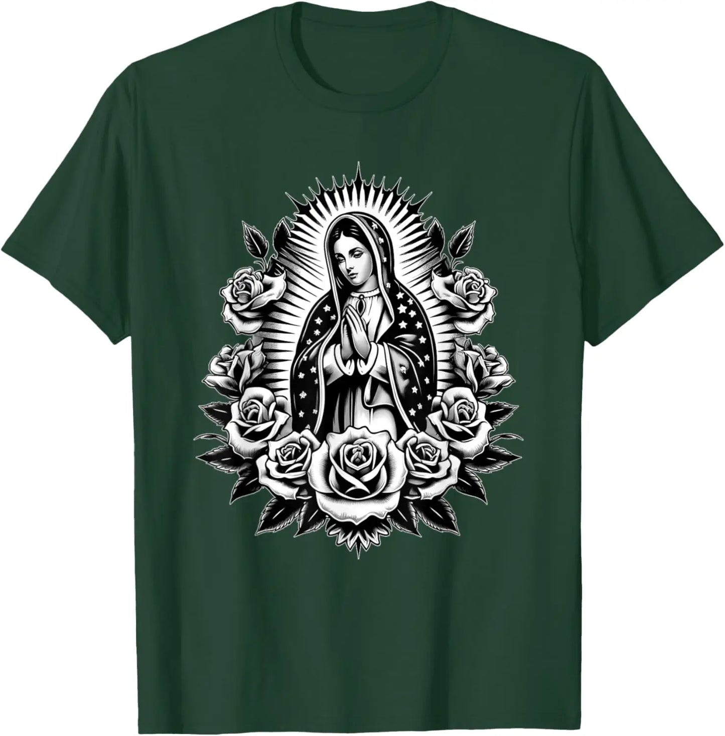 T-shirt Vierge de Guadalupe et roses – imprimé catholique floral pour homme