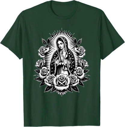 T-shirt Vierge de Guadalupe et roses – imprimé catholique floral pour homme