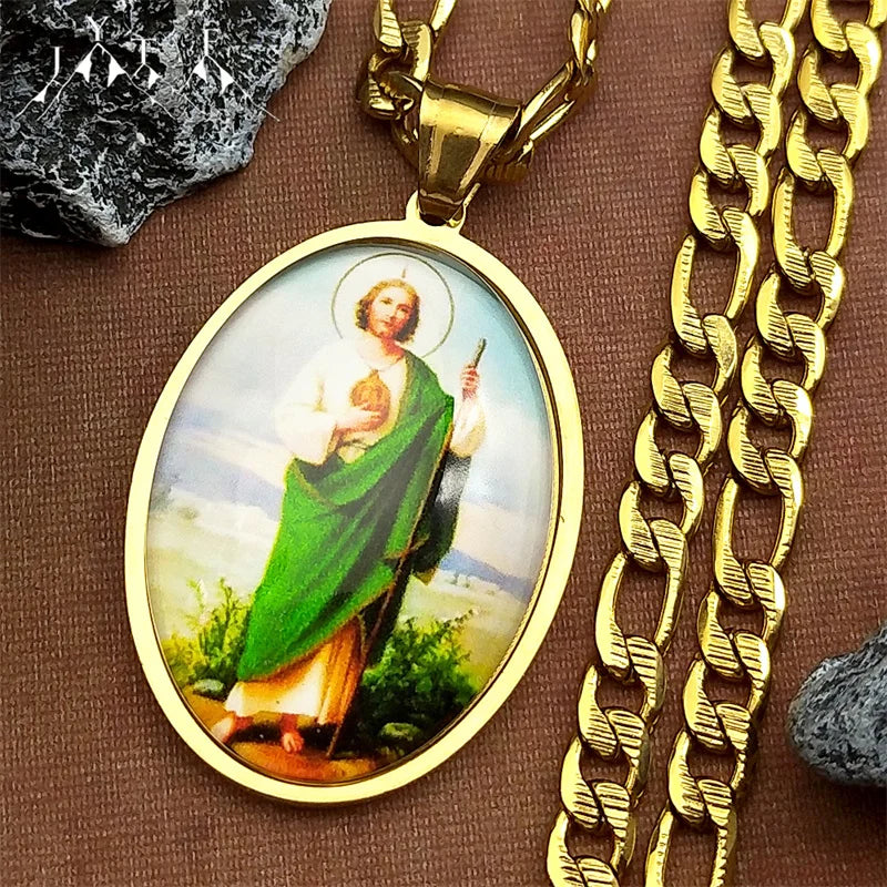 Collier médaille San Judas Tadeo en acier inoxydable doré – bijou religieux