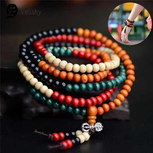 Mala 108 perles en santal naturel – bracelet de prière bouddhiste unisexe