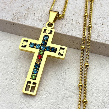 Collier catholique doré avec pendentif croix en cristal – Acier inoxydable, femme et homme