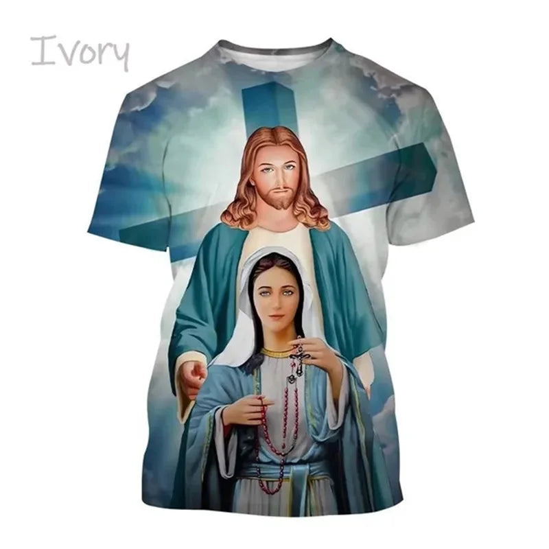 T-Shirt Vierge Marie & Jésus – Impression 3D, Unisexe, Oversize