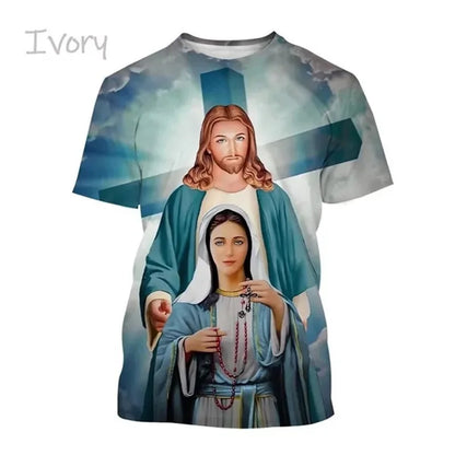 T-Shirt Vierge Marie & Jésus – Impression 3D, Unisexe, Oversize
