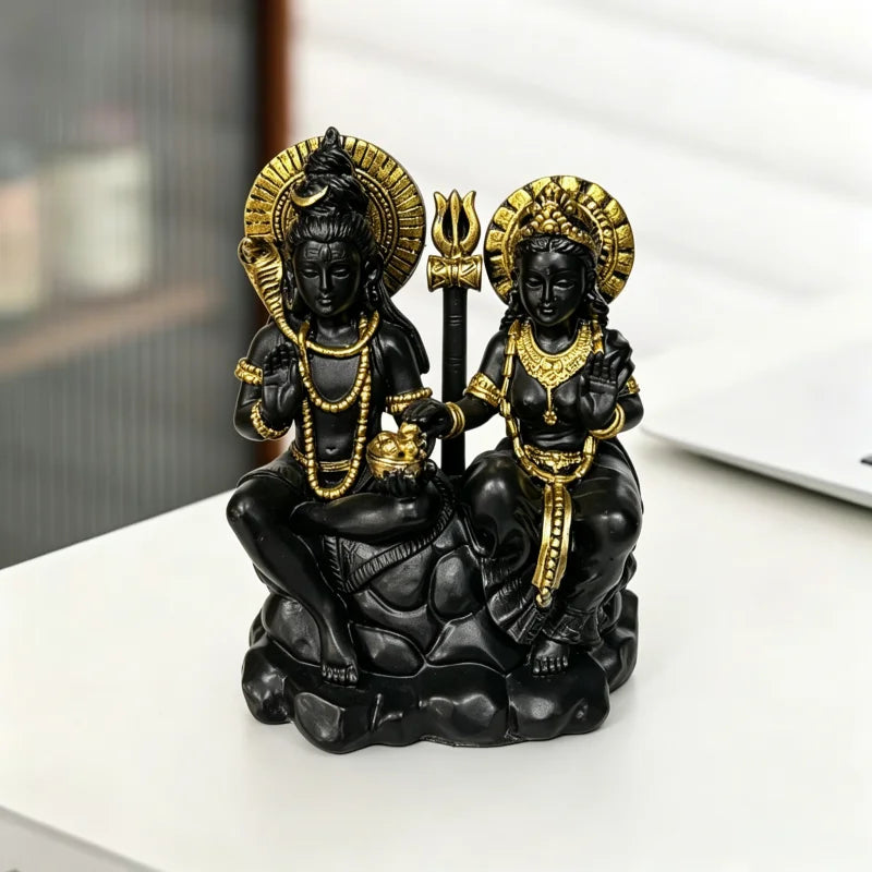 Statue Shiva & Parvati noire et dorée – Décoration hindoue en résine