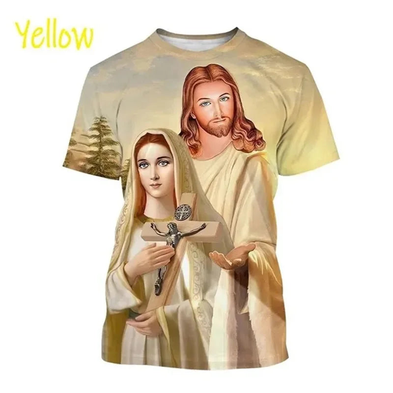 T-Shirt Vierge Marie & Jésus – Impression 3D, Unisexe, Oversize