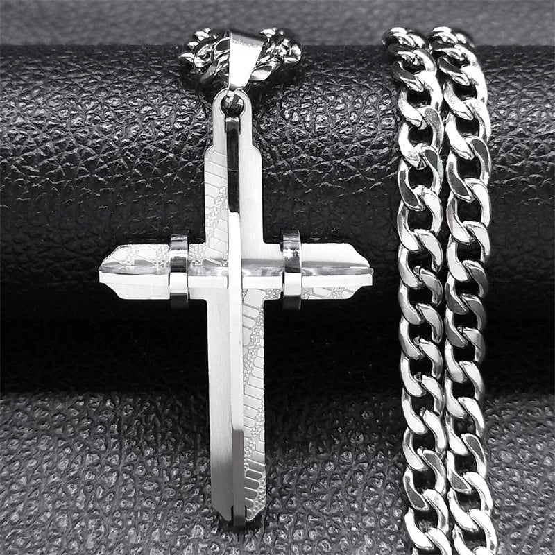 Collar colgante de cruz 3D en acero inoxidable 316L – joyería religiosa para hombre