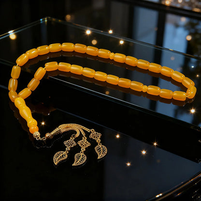 Bracelet de Prière en Agate Jaune avec Pendentif Feuille Ajourée