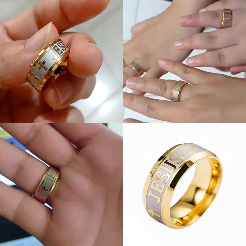 Bague Unisexe en Acier Inoxydable – Croix de Jésus & Lettres Bibliques Gravées