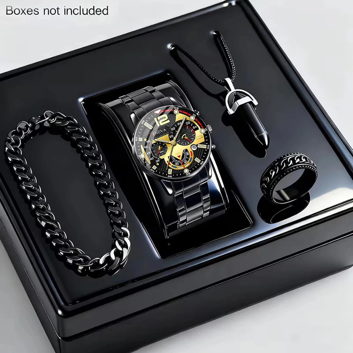 Coffret Montre Homme 4 Pièces – Montre, Bracelet, Collier & Bague