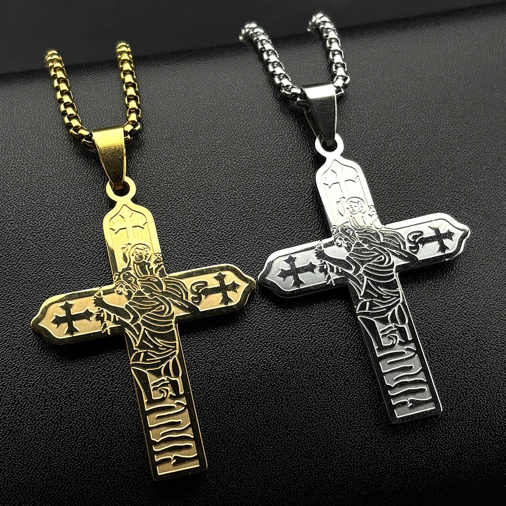 Collier icône Vierge Marie et Enfant Jésus avec croix – bijou catholique unisexe
